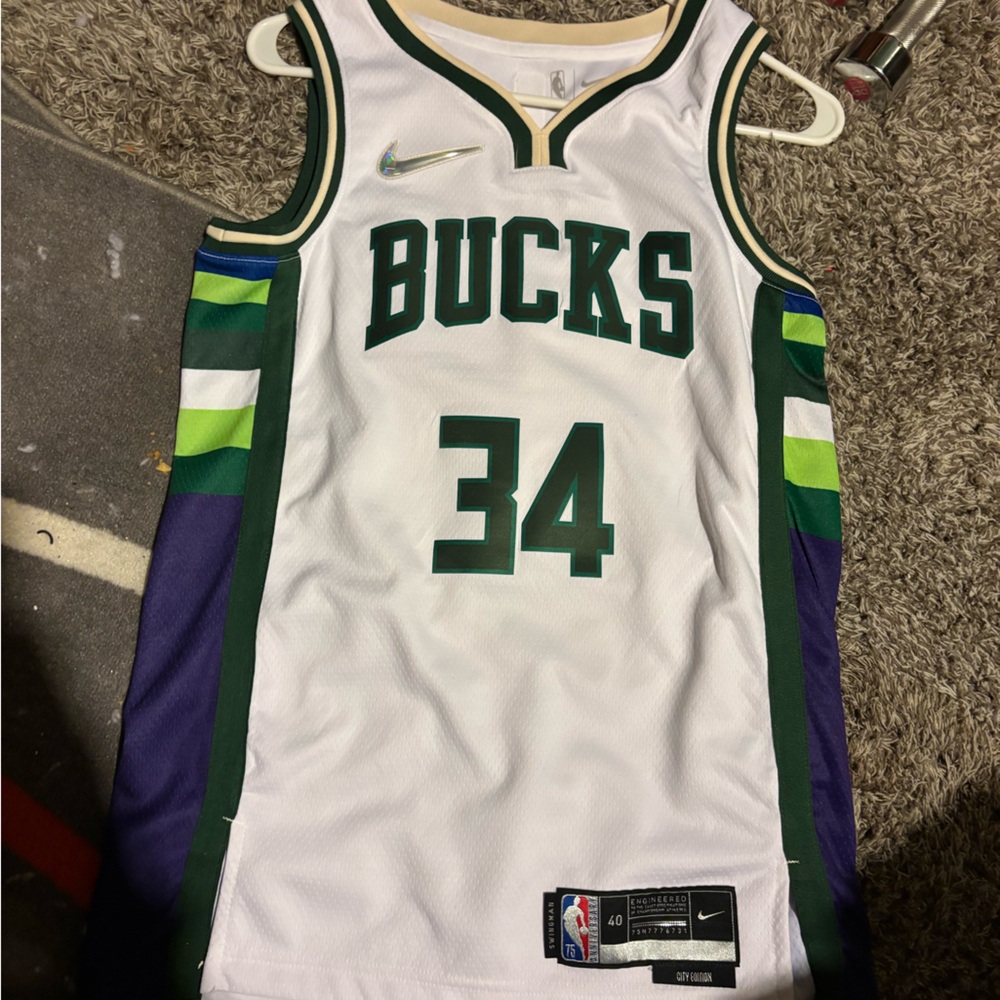 Nike Bucks White Jersey with Green and Purple